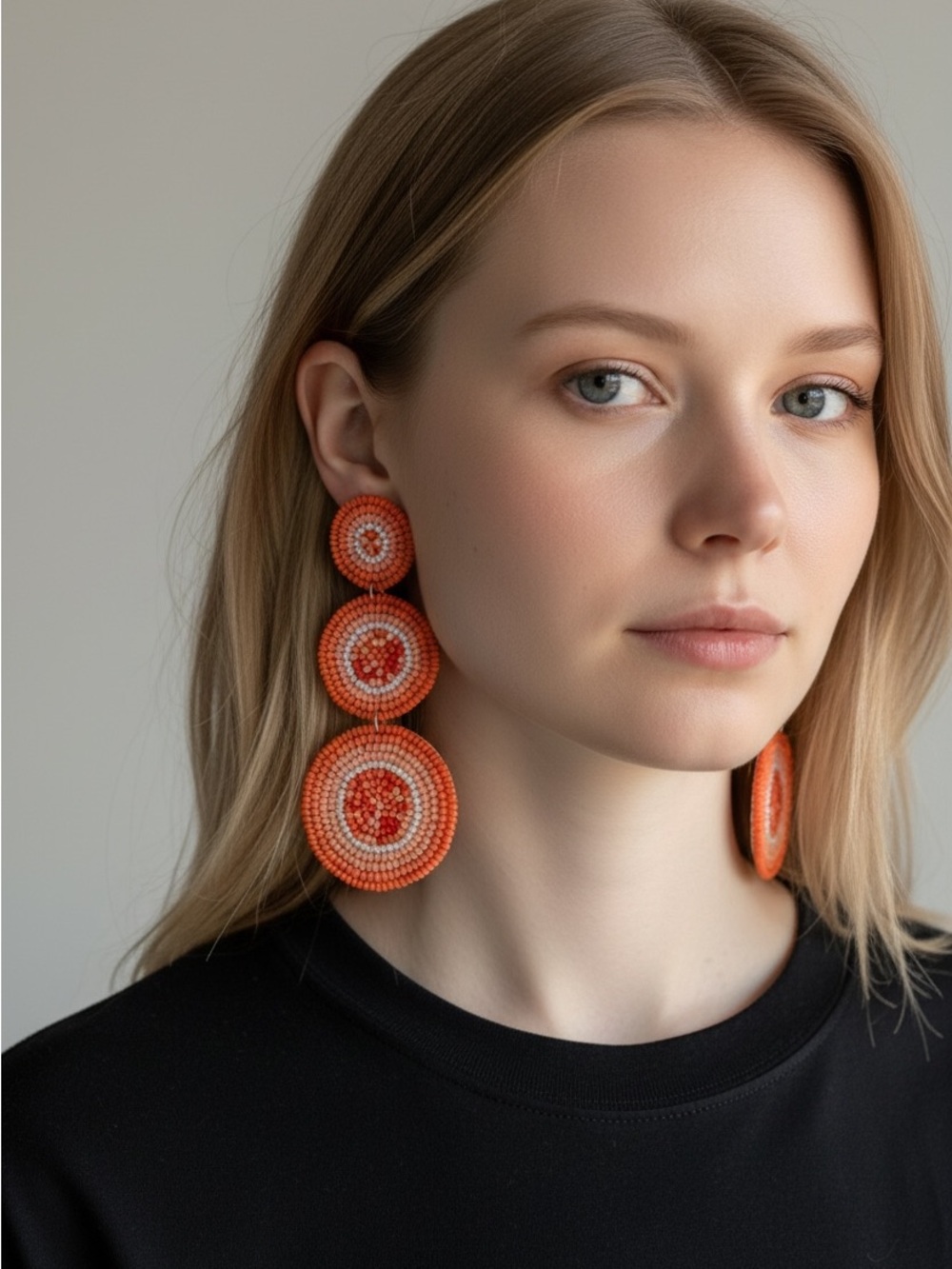 9/17 Handmade Orange Beaded Triple-Drop Earrings